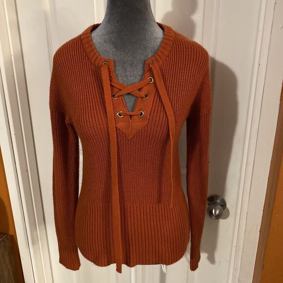 Say What Sweater Women’s Size Small Orange V Neck Tied Long Sleeve Pullover - Picture 1 of 9